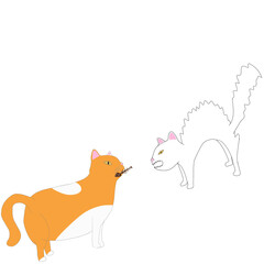 Two cats are restricting each other, competing for fishbones.