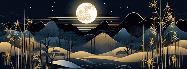 Fotobehang an illustration of a bamboo tree and mountain forest with moon, generative AI © Kien