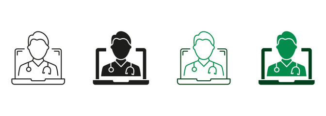 Online Digital Medicine Line and Silhouette Icon Set. Telemedicine, Virtual Medicine Service Sign. Doctor in Computer, Online Medical Healthcare Pictogram Collection. Isolated Vector Illustration