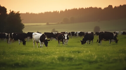 cows grazing in a field with morning view created with Generative AI - obrazy, fototapety, plakaty