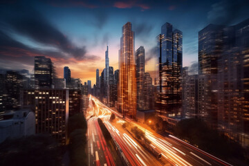 Fototapeta na wymiar A dynamic time-lapse photograph showing a bustling corporate district from dawn to dusk, reflecting the non-stop world of business.