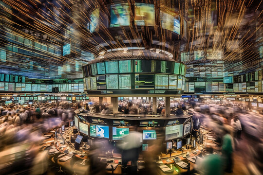 A time-lapse photo capturing the hustle and bustle of a stock market trading floor, portraying the fast-paced nature of financial business environments.