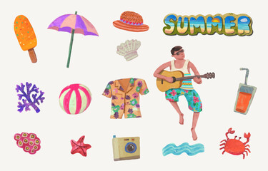 Summer at the sea watercolor vector set illustration. beach and travel.