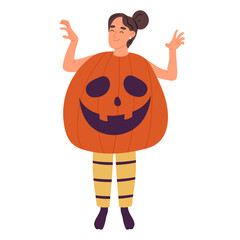 Halloween masquerade pumpkin costume. Woman wearing funny pumpkin carnival costume. Halloween holiday party celebration flat vector illustration
