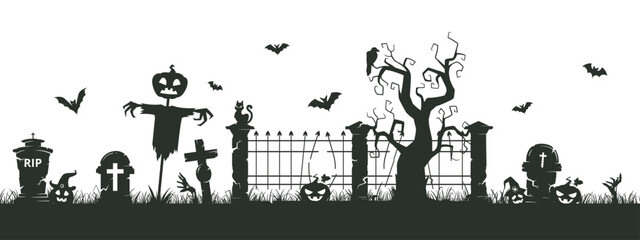 Halloween cemetery silhouette border. Graveyard spooky silhouette, scary halloween decoration with bats, trees and gravestones flat vector illustration
