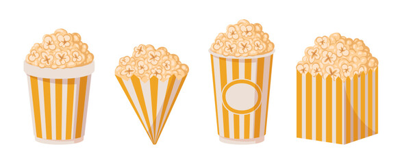 Striped popcorn buckets. Cartoon yellow popcorn cups, popcorn salty or sweet flavour. Movie or tv show watching snack flat vector illustration set