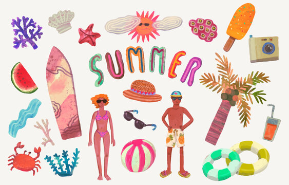 Summer at the sea watercolor vector set illustration. beach and travel.