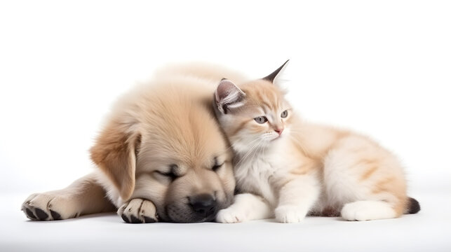 cute cat and dog sleeping on white background created with Generative AI