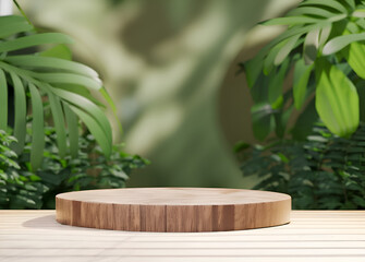 Wooden product display podium for cosmetic product with green nature garden background, 3d rendering, Ai Generative