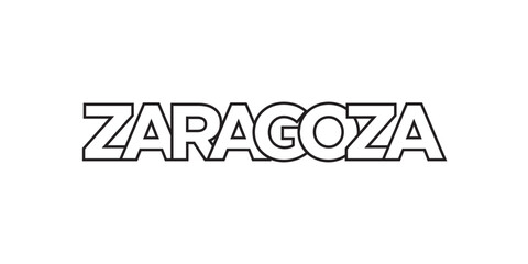 Zaragoza in the Spain emblem. The design features a geometric style, vector illustration with bold typography in a modern font. The graphic slogan lettering.