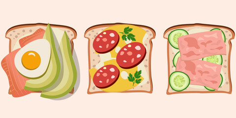 Set of vector illustrations for sandwiches/toast with various ingredients. Vector illustration EPS10.
