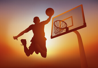 Concept d’une action de jeu dans un match de basket-ball, avec un joueur qui marque un panier en sautant pour faire un dunk.