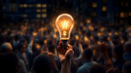 une main tenant une ampoule allumée au-dessus d'une foule symbolisant l'idée et l'innovation - IA générative - obrazy, fototapety, plakaty