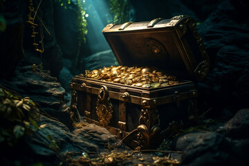 treasure chest with gold coins in a cave