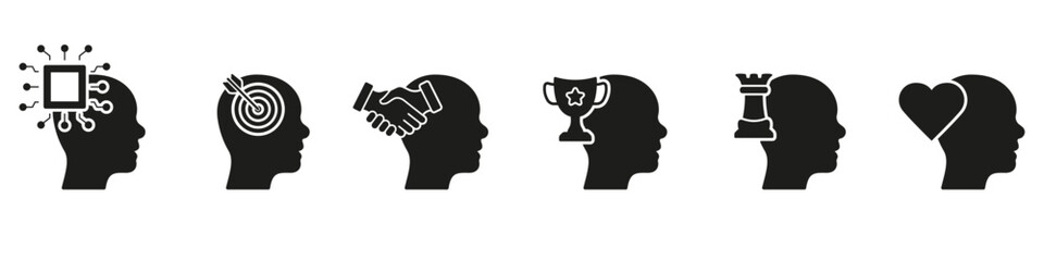 Human Mind Process Silhouette Icon Set. AI, Goals, Motivation, Strategy Thinking Symbols. Mental Health Solid Sign Collection. Emotional Intelligence Glyph Pictogram. Isolated Vector Illustration