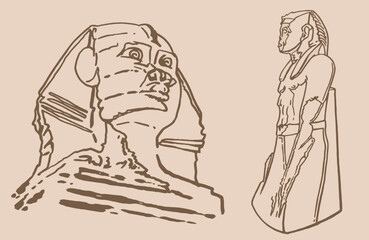 Fototapeta na wymiar Graphical sketchy vintage set of Egypt statues of Pharaoh, vector illustration. 