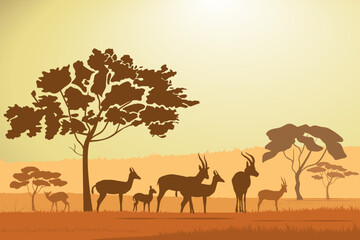 African savannah landscape with gazelles, antelopes silhouettes, midday sun, yellow background. Vector illustration.