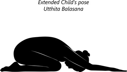 Black silhouette of young woman practicing yoga, doing Extended Child pose. Utthita Balasana. Prone and Forward Bend. Beginner. Isolated vector illustration.