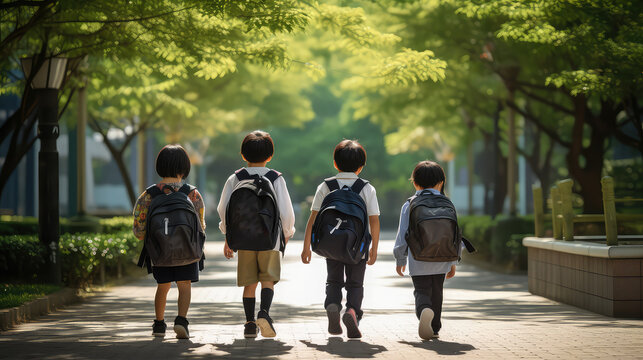 Asian school children wearing school bags going back to school