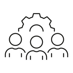 Project Management, Cooperation, Teamwork Line Icon. Employee Team with Gear Linear Pictogram. Group Of People with Cog Wheel. Workforce Outline Symbol. Editable Stroke. Isolated Vector Illustratio