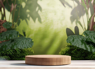 Wooden product display podium for cosmetic product with green nature garden background, 3d rendering, Ai Generative