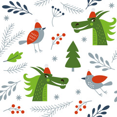 Seamless new years pattern with dragons and birds