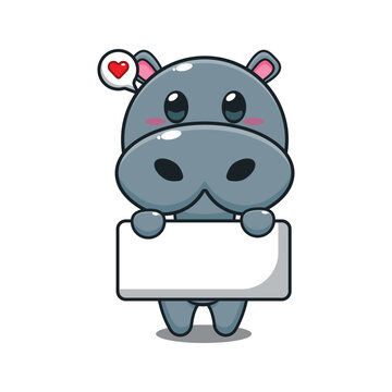hippo holding greeting banner cartoon vector illustration.