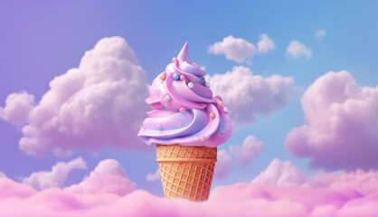 Pink strawberry ice-cream in waffle cones on sky background. Tasty sweet ice cream. Summer holidays dessert. Copy space. Banner. AI generative - obrazy, fototapety, plakaty