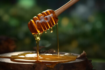 A captivating photo displaying golden honey slowly dripping from a wooden honey dipper with a softly blurred background featuring an apiary, encapsulating the sweet results of beekeeping.