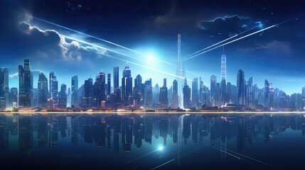 Futuristic city skyline at night