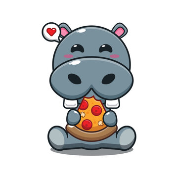 hippo eating pizza cartoon vector illustration.