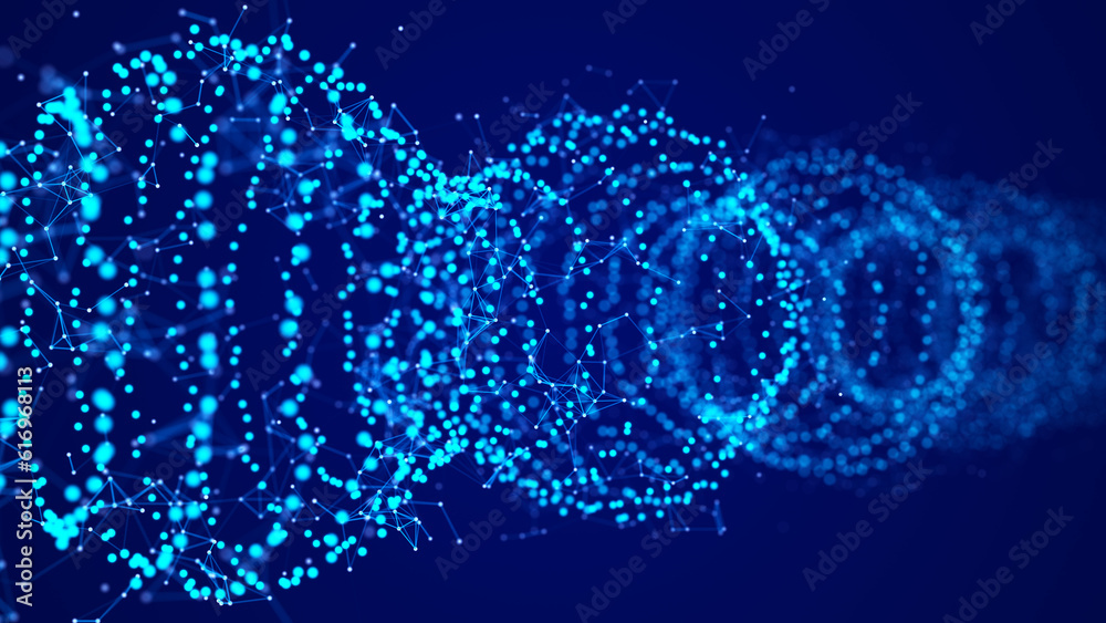 Poster Abstract tunnel of dots and lines. 3D wormhole with a mesh structure. Vortex. 3d rendering