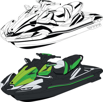 recommend clip art: Vector, line art and color image of jet motor boat on a white background