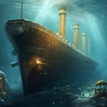 ship in the sea, undersea, titanic interpretation, AI generated image, AI Art, Art, AI, Ship, Sea, Titanic inspiration
