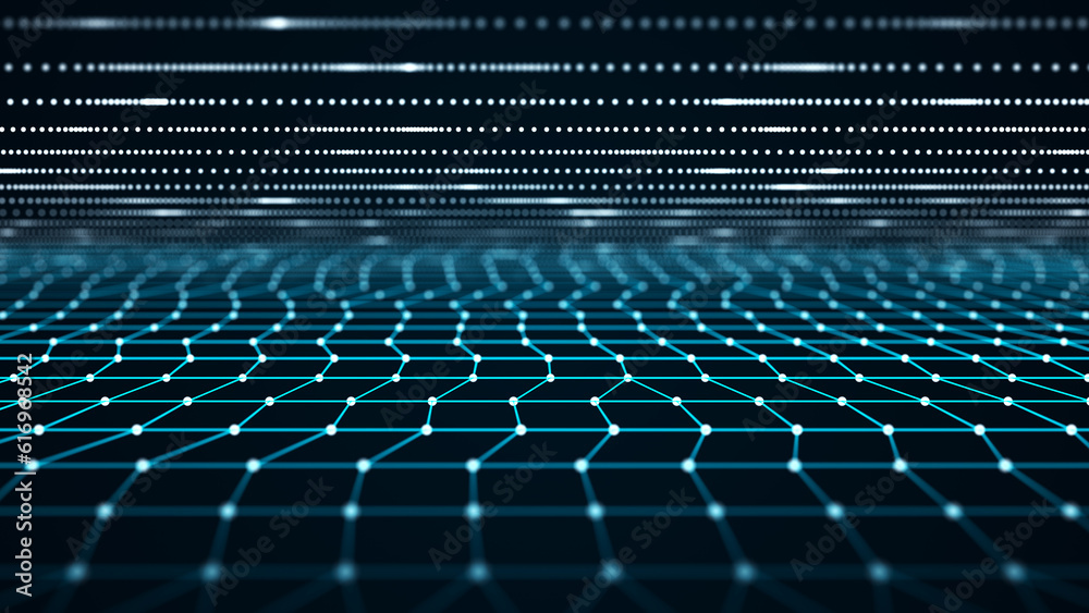 Poster Network of bright connected dots and lines. Abstract dynamic wave of many points. Digital background. 3D rendering.