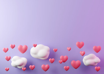 Purple background with hearts, clouds and copy space. Valentine's Day, Woman's, Mother's Day backdrop. Empty space for text, advertising. Postcard, greeting card design. Love symbol. 3D.