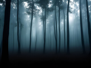 Fototapeta premium Dark mysterious forest for scary dark background. Generative ai
