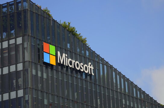 Microsoft sign on the office building. Logo Microsoft research and development center. Israel