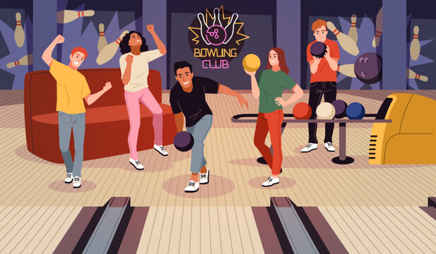 Cartoon people in bowling club. Friends knocking out pins with balls, players characters on alley, group sport game, men and women leisure time in entertainment center, tidy vector concept