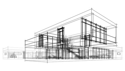 Modern house building architectural drawing 3d rendering