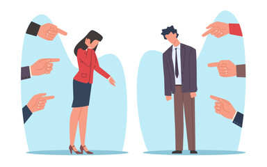 Concept of accusation, people pointing fingers at sad man and woman. Condemnation by society, surrounded crying people in stress, ashamed businessman, cartoon flat style vector illustration