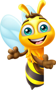 A honey or bumble bee cartoon bumblebee cute cartoon mascot peeking around a sign and pointing