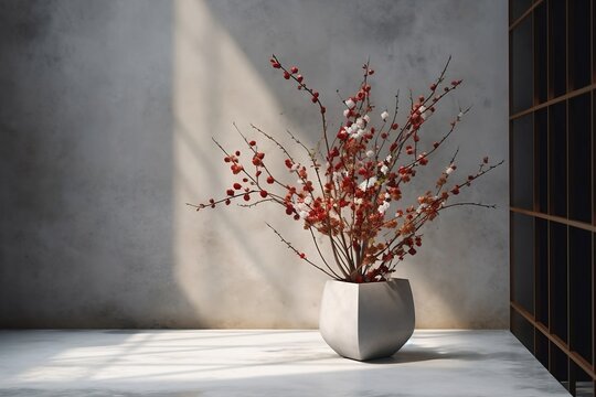 Ikebana still life of red and white flowers in a concrete vase, in a concret urban settings, afternoon light, created using AI technology