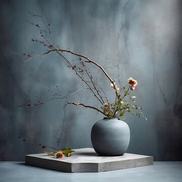 Ikebana still life of branches and flower in a earthy blue ceramic vase, textured colored wall, Japanese simplicity, created using AI technology