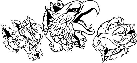 A bald eagle or hawk with claw talons holding a basketball ball and ripping or tearing through the background. Sports Mascot