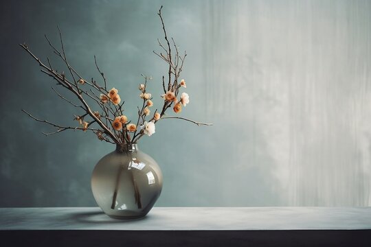 Ikebana still life of branches and flowers in a transparent glass vase, textured earthy wall setting, created using AI technology