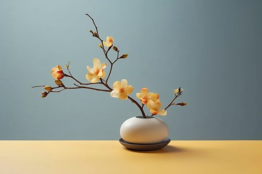 Ikebana still life of yellow flowers in a white ceramic vase, pastel colors, bright design, created using AI technology