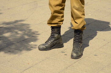 Israel Defense Forces. Concept: the life of a soldier. Close-up of the leg and army boots. Tzahal...