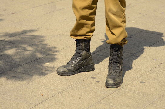 Israel Defense Forces. Concept: the life of a soldier. Close-up of the leg and army boots. Tzahal soldier. Israeli army. 