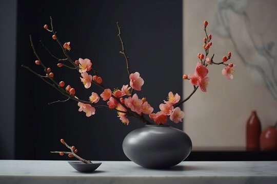 Ikebana still life of pink and white flowers in a Japanese low vase, created using AI technology